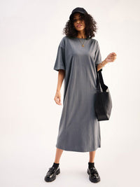 SASSAFRAS BASICS Grey Drop Shoulder Sleeves Pure Cotton Oversized T-shirt Midi Dress