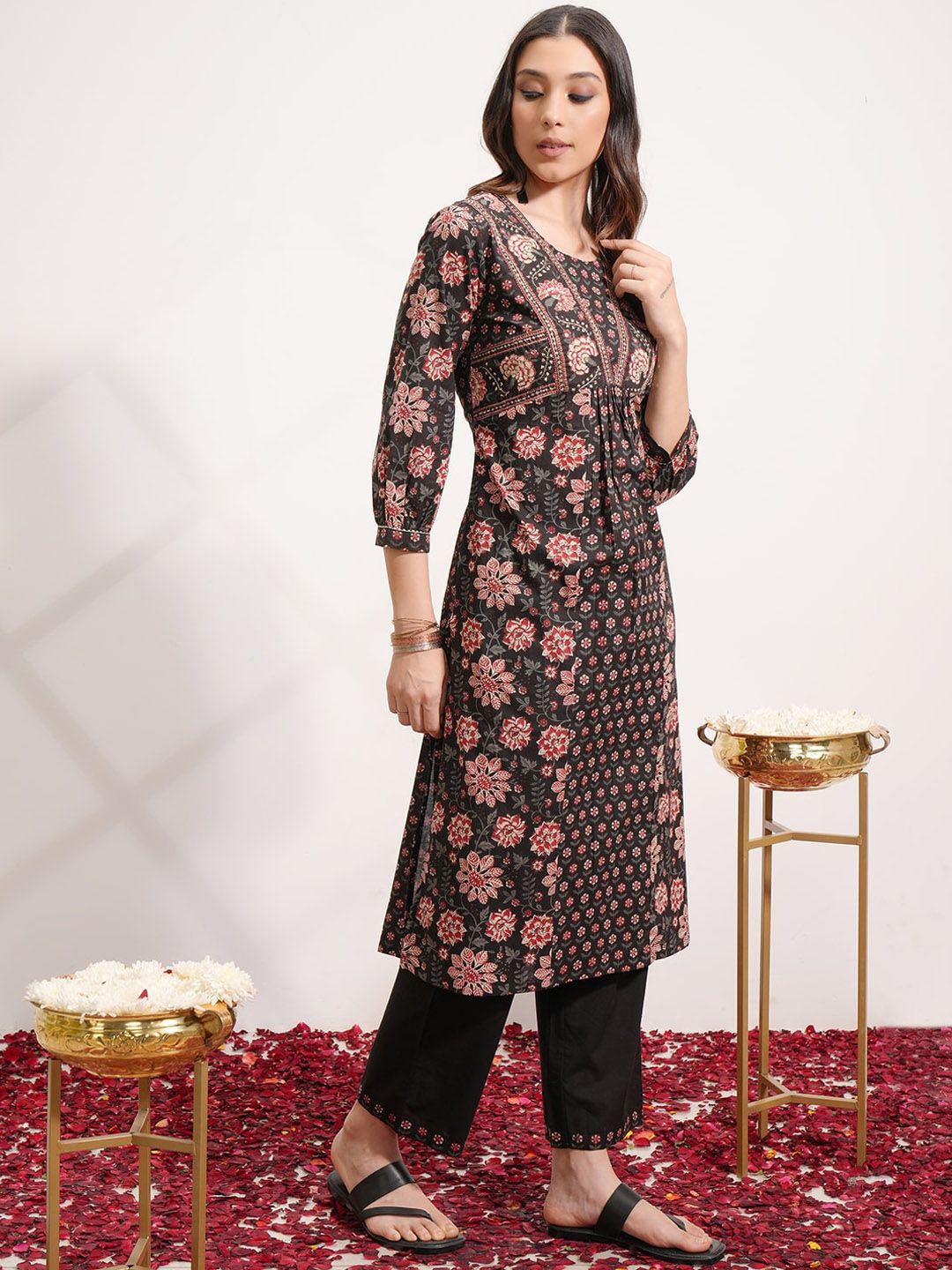 Vishudh Floral Printed Angrakha Pure Cotton Kurta with Trousers & With Dupatta