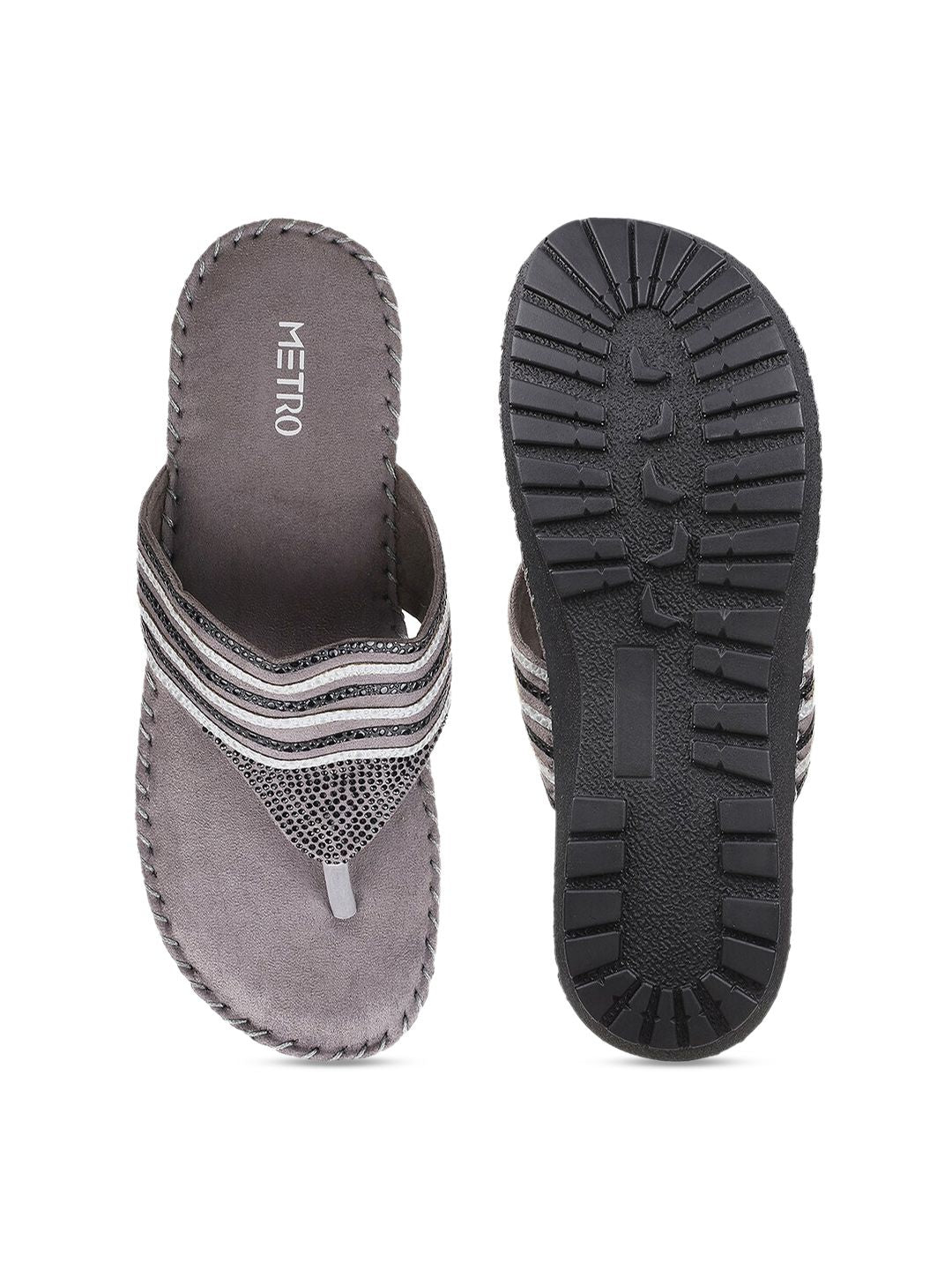 Metro Women Grey Embellished Comfort Sandals