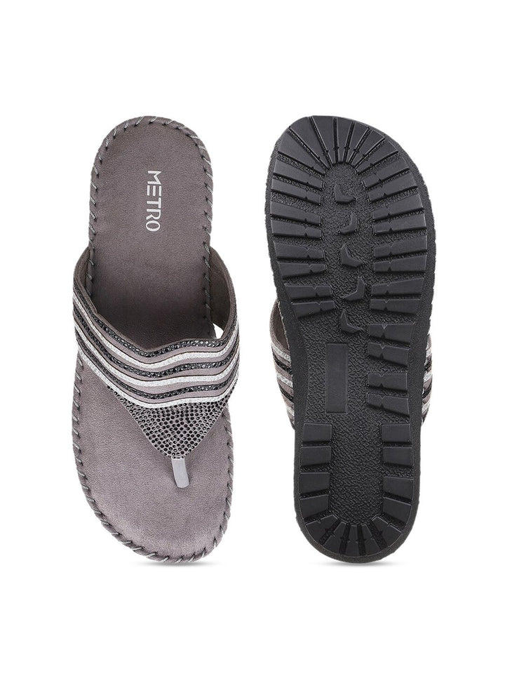 Metro Women Grey Embellished Comfort Sandals