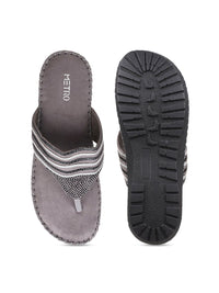 Metro Women Grey Embellished Comfort Sandals