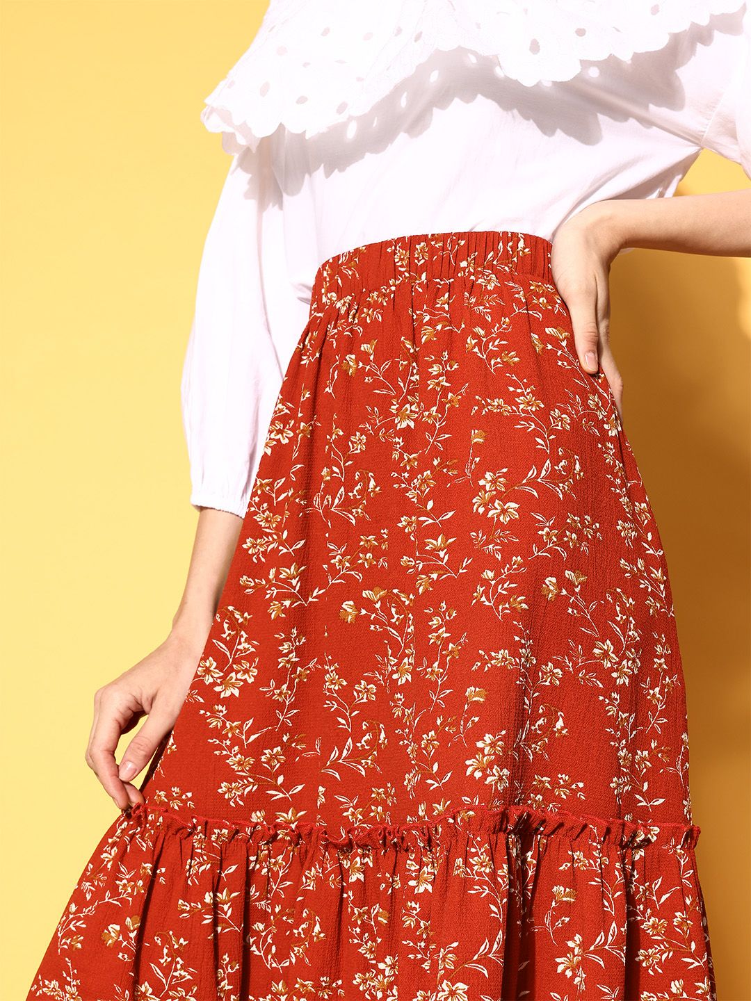Berrylush Attractive Red Floral Indie Gal Skirt