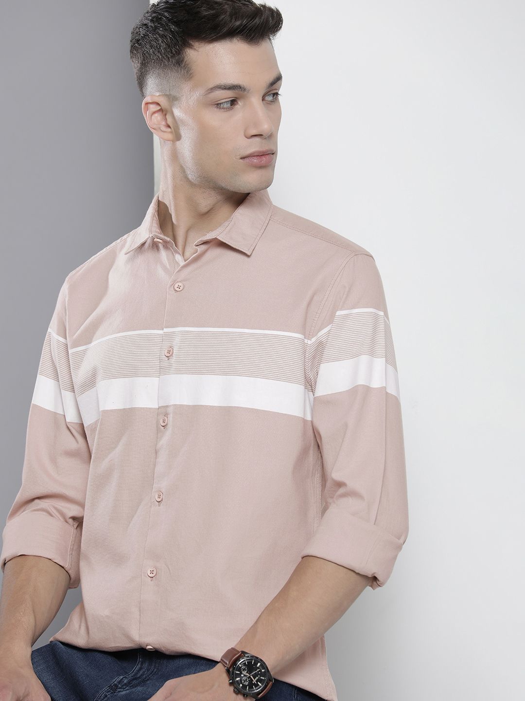 The Indian Garage Co Men Dusty Pink Horizontal Stripes Casual Cotton Shirt