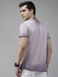 THE BEAR HOUSE Men Lavender Self Design Pure Cotton Slim Fit T-shirt