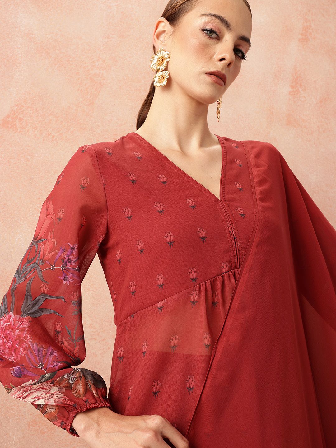 all about you Women Floral Printed Pleated Kurta with Trousers & Dupatta
