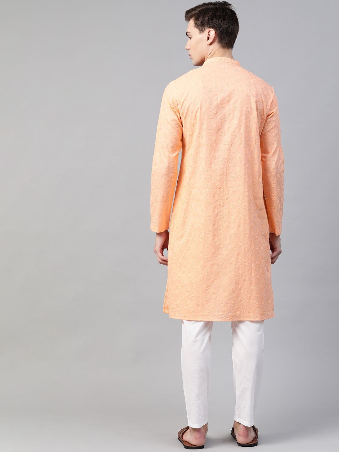 See Designs Men Peach Pure Cotton Chikankari Embroidered Straight Kurta