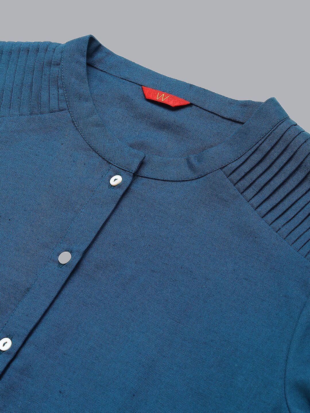 W Blue Mandarin Collar Roll-Up Sleeves Pathani Kurta