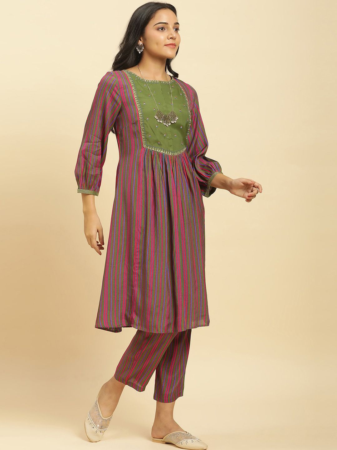 W Striped Thread Work A-Line Kurta with Trousers