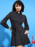 Tokyo Talkies Black & White Polka Dot Printed Cuffed Sleeves Shirt Dress