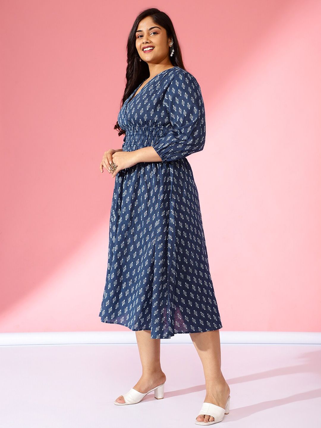 Bani Women Ethnic Motifs Printed Smocked Waist Puff Sleeve Fit & Flare Midi Dress