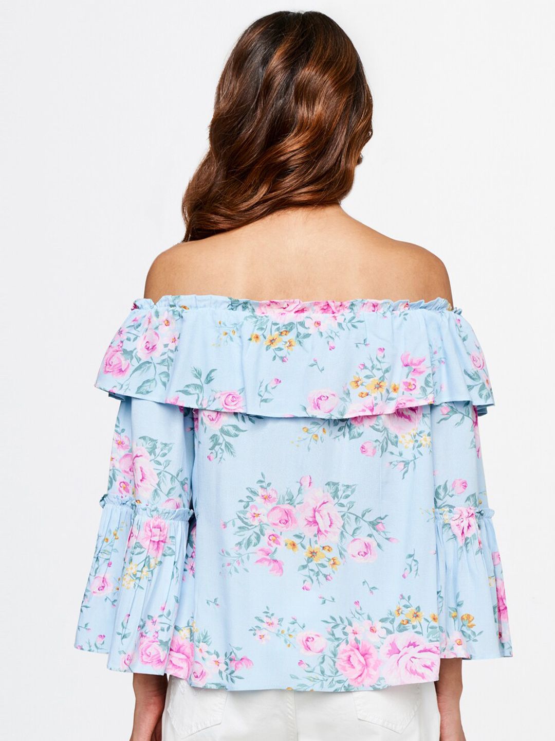 AND Blue Floral Print Off-Shoulder Bardot Top