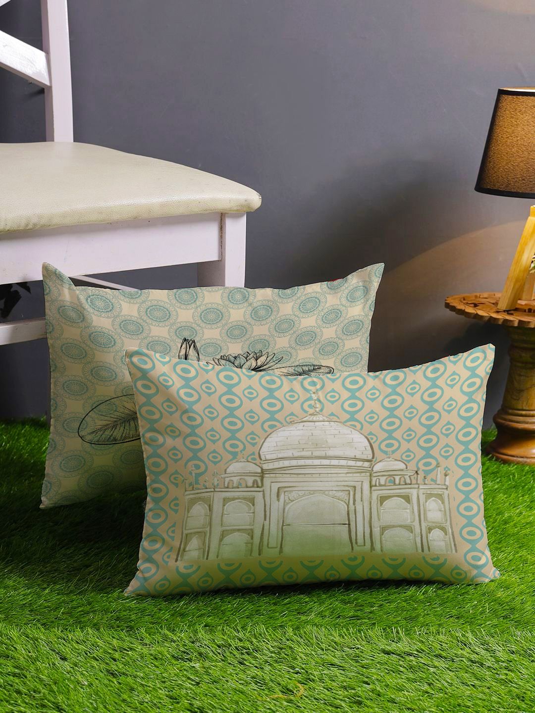 STITCHNEST Teal & Beige Set of 2 Ethnic Motifs Rectangle Cushion Covers
