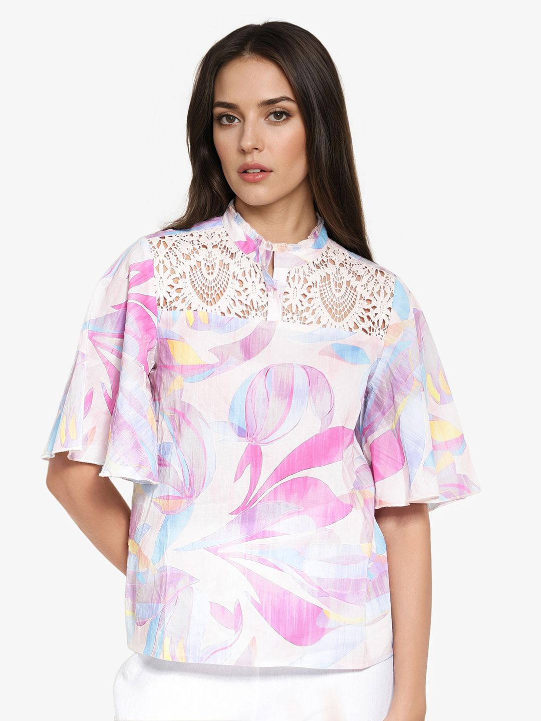 RAREISM High Neck Floral Print Flared Sleeve Cotton Top