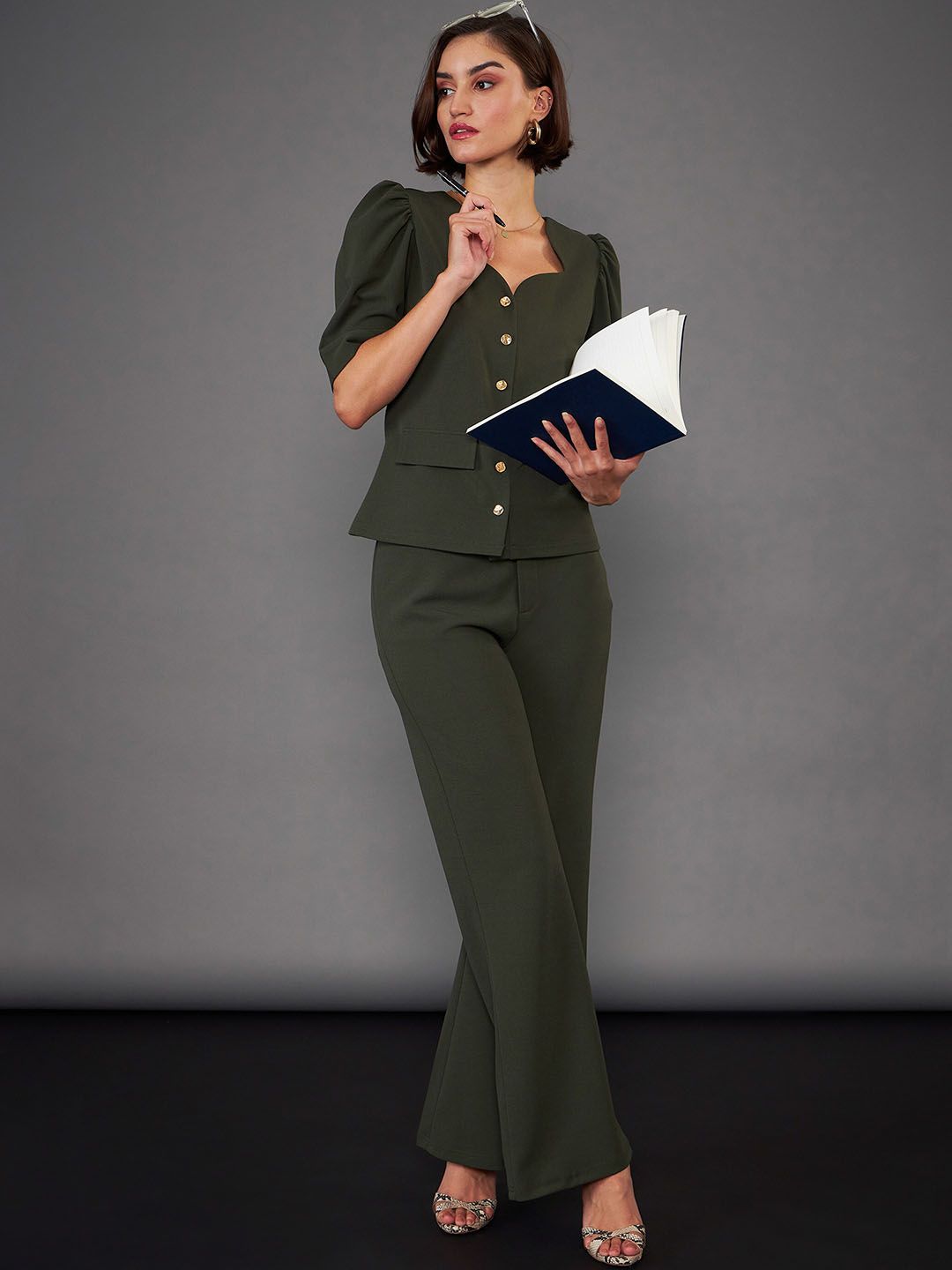 SASSAFRAS worklyf Olive Green Puff Sleeves Top & Trousers Co-Ords
