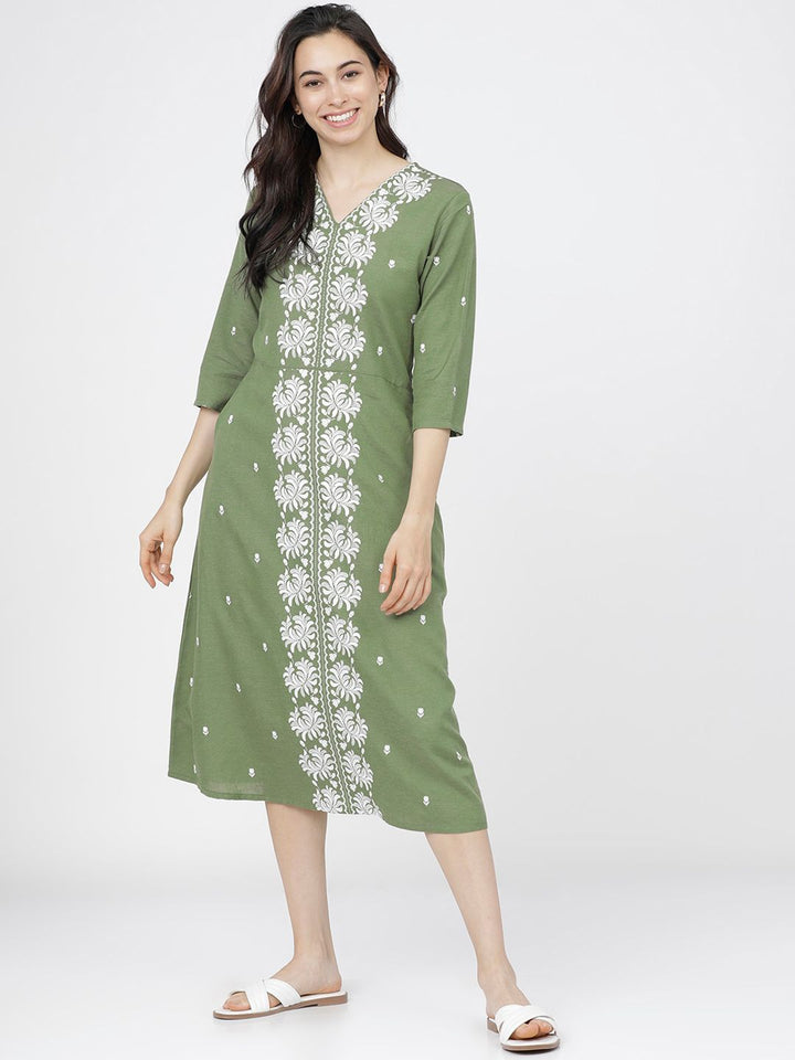 Vishudh Green Ethnic Motifs Ethnic A-Line Midi Dress