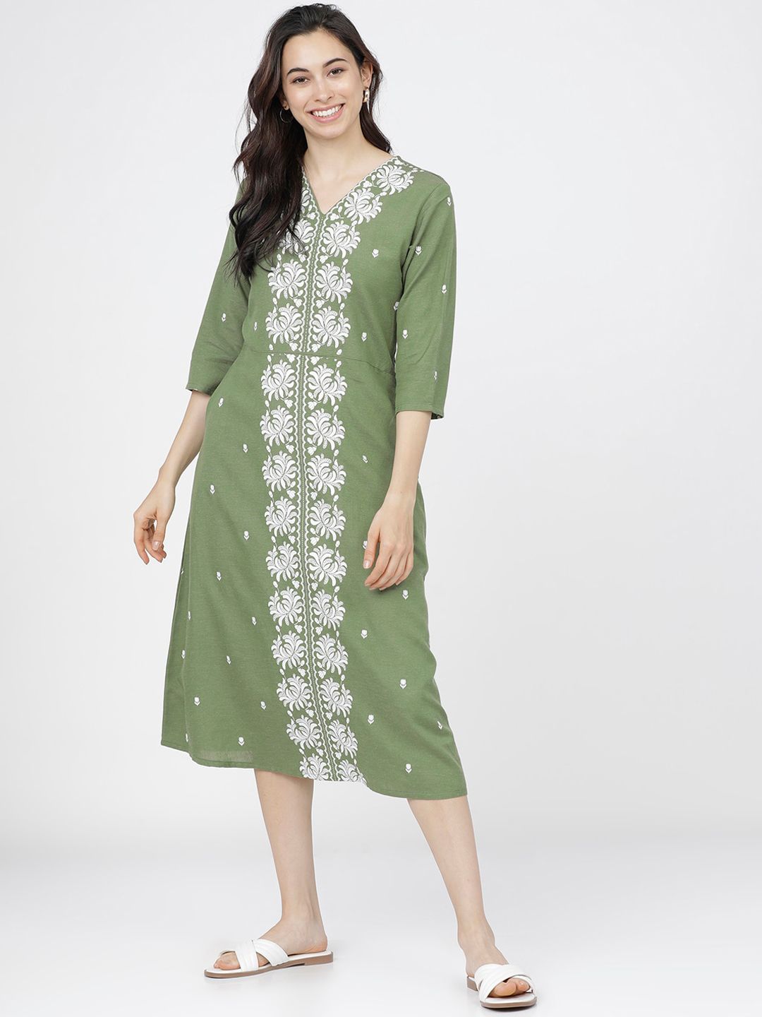 Vishudh Green Ethnic Motifs Ethnic A-Line Midi Dress