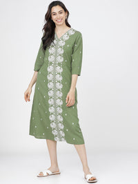 Vishudh Green Ethnic Motifs Ethnic A-Line Midi Dress
