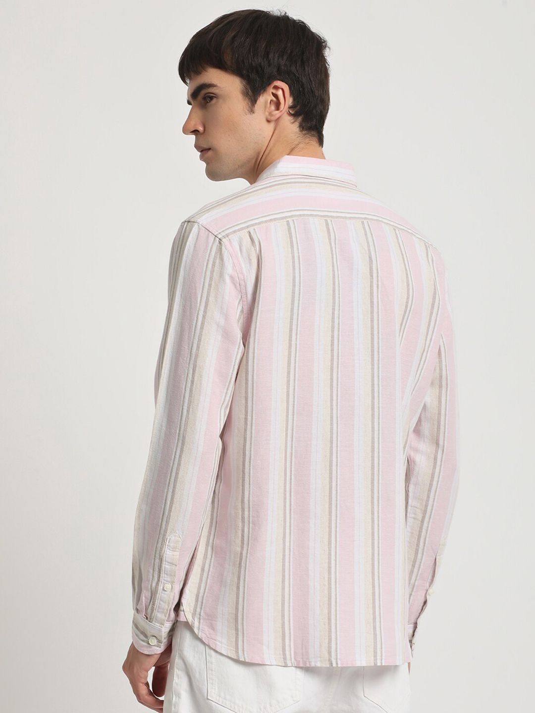 THE BEAR HOUSE Slim Fit Vertical Striped Button-Down Collar Cotton Linen Casual Shirt
