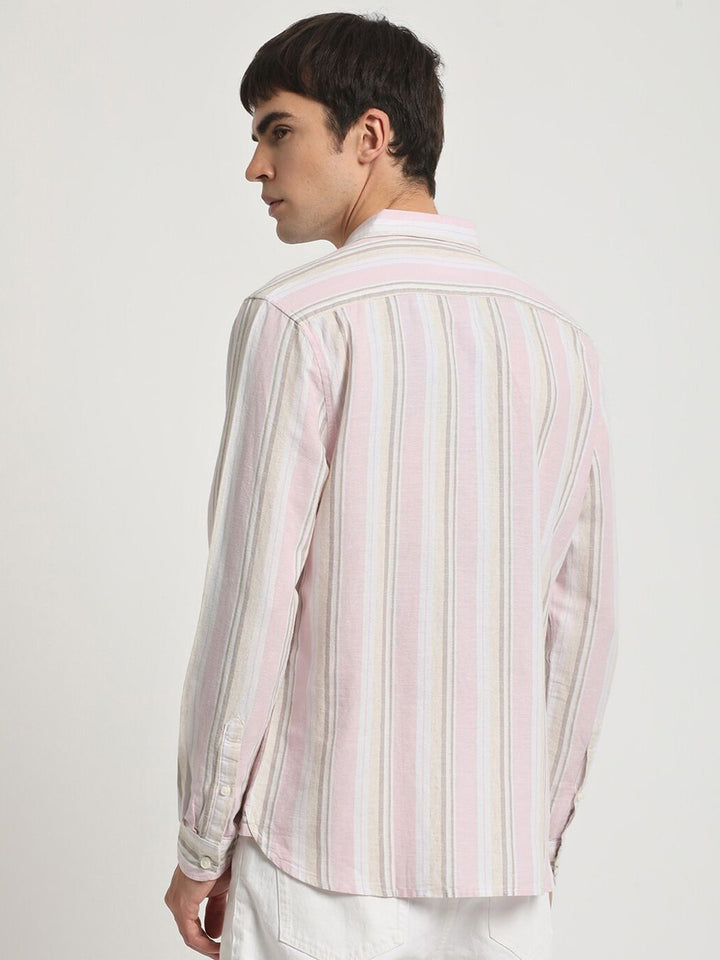 THE BEAR HOUSE Slim Fit Vertical Striped Button-Down Collar Cotton Linen Casual Shirt