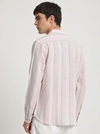 THE BEAR HOUSE Slim Fit Vertical Striped Button-Down Collar Cotton Linen Casual Shirt