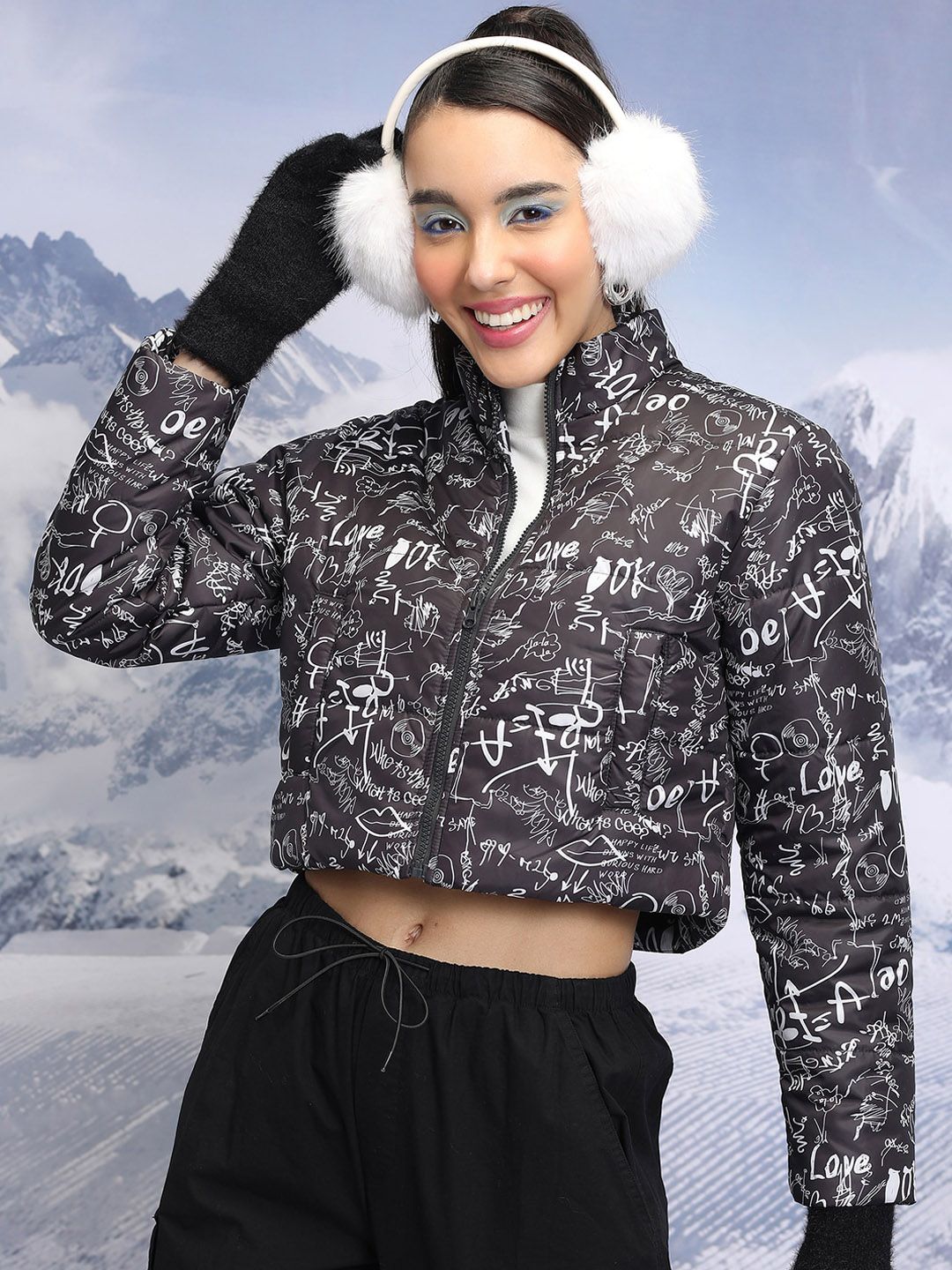 Tokyo Talkies Black Typography Printed Crop Puffer Jacket
