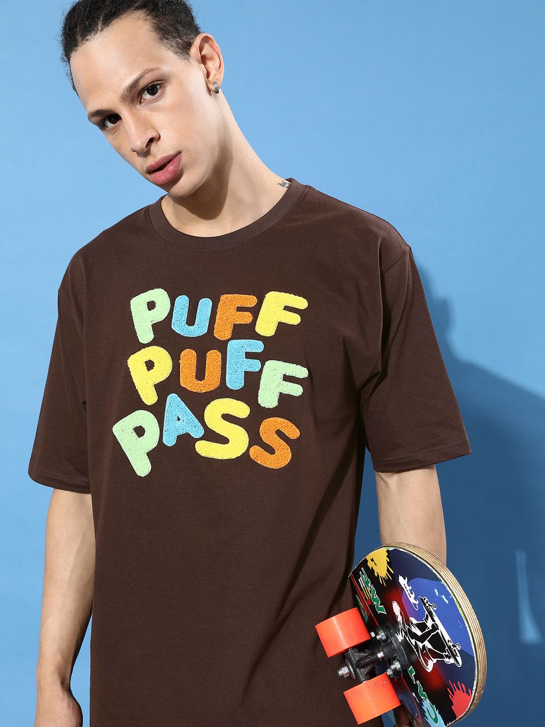 Difference of Opinion Men Brown Typography Embroidered Oversize Pure Cotton Longline T-shirt