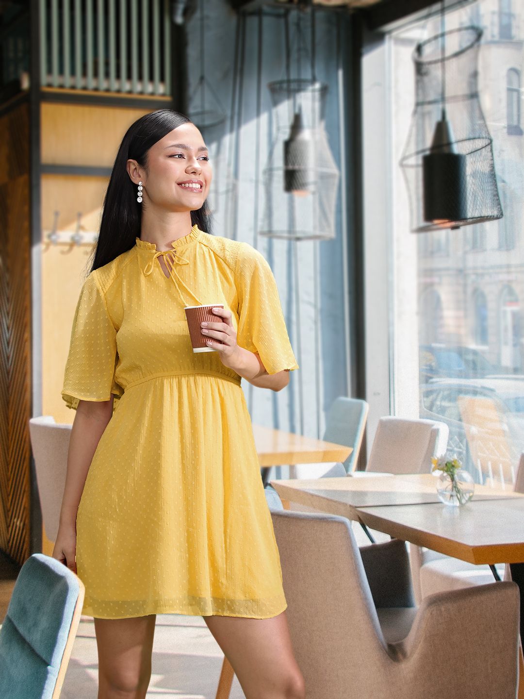 AND Yellow Self Design Tie-Up Neck Fit & Flare Dress