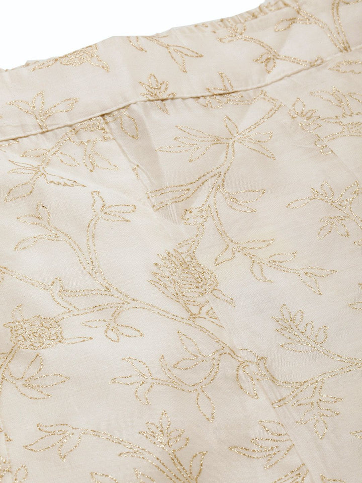 Global Desi Women White & Gold-Toned Floral Printed Flared Trousers
