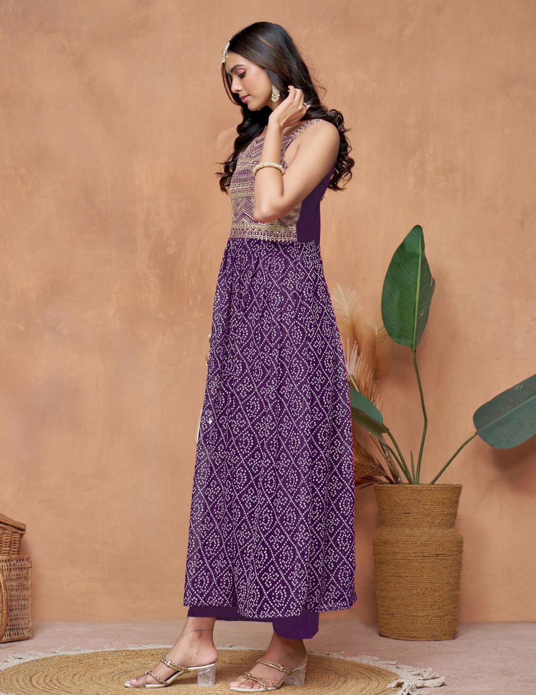 Kalini Georgette Bandhani Printed Square Neck Zari Work Anarkali Kurta