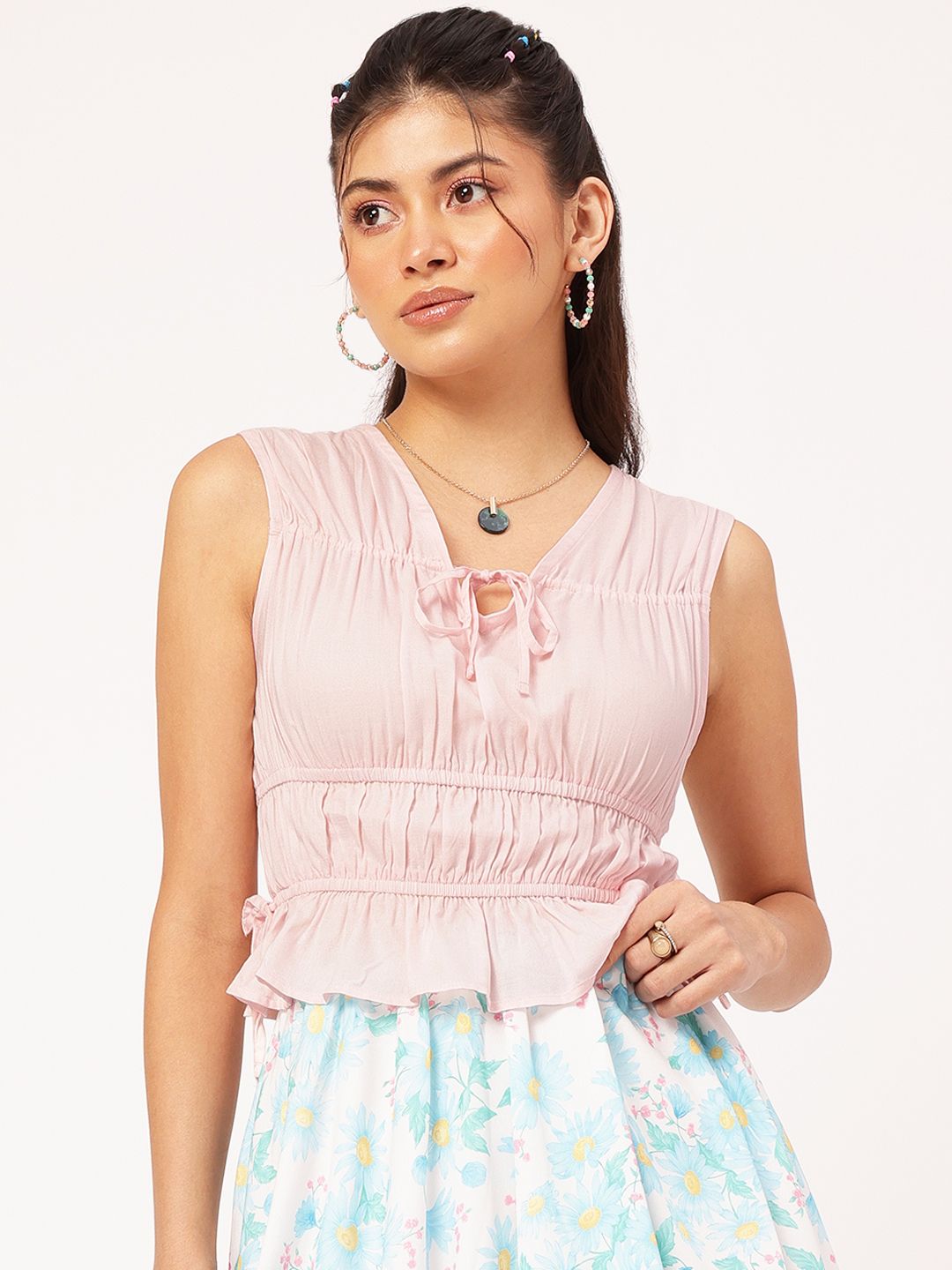 DressBerry Tie-Ups Smocked Cinched Waist Top
