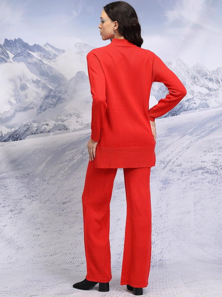 Tokyo Talkies Red Relaxed Fit Acrylic Sweater & Wide Leg Trousers