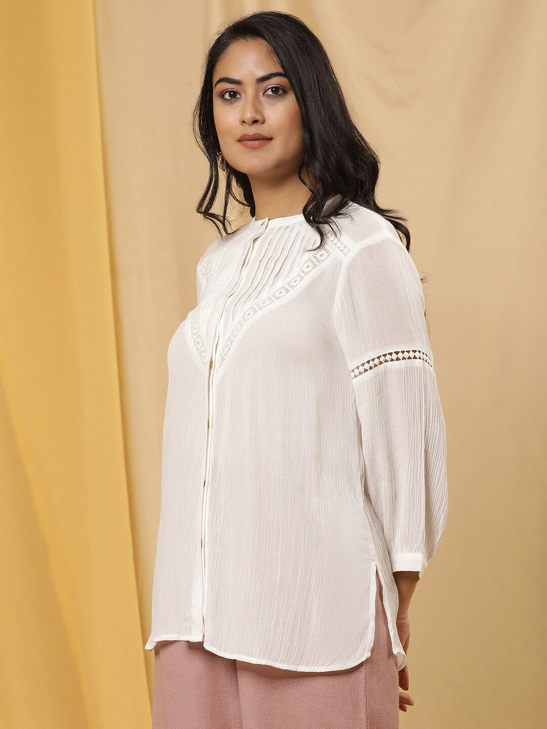 W Band Collar Cuffed Sleeves Shirt Style Top