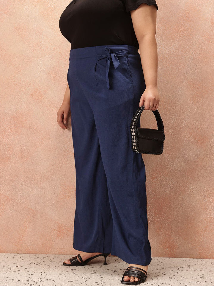 all about you Plus Size Women Crinkled Effect Mid-Rise Belted Detail Front-Pleats Trousers