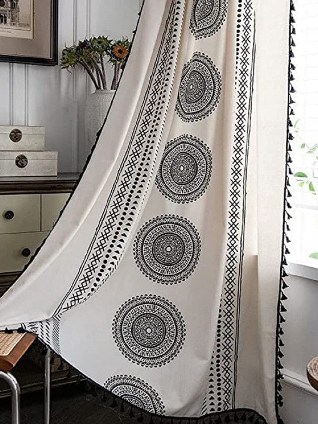 URBAN SPACE Boho White & Black Ethnic Motifs Printed Cotton Door Curtain