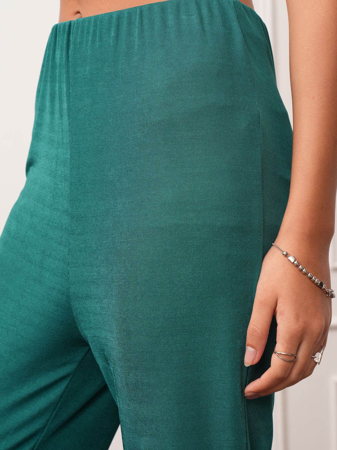 Tokyo Talkies Teal Green Long Sleeves Crop Shirt With Trousers