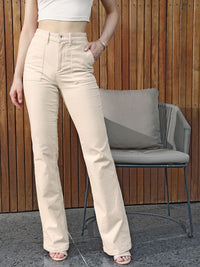 STREET 9 Women Cream-Coloured Loose Fit High-Rise Cotton Trousers