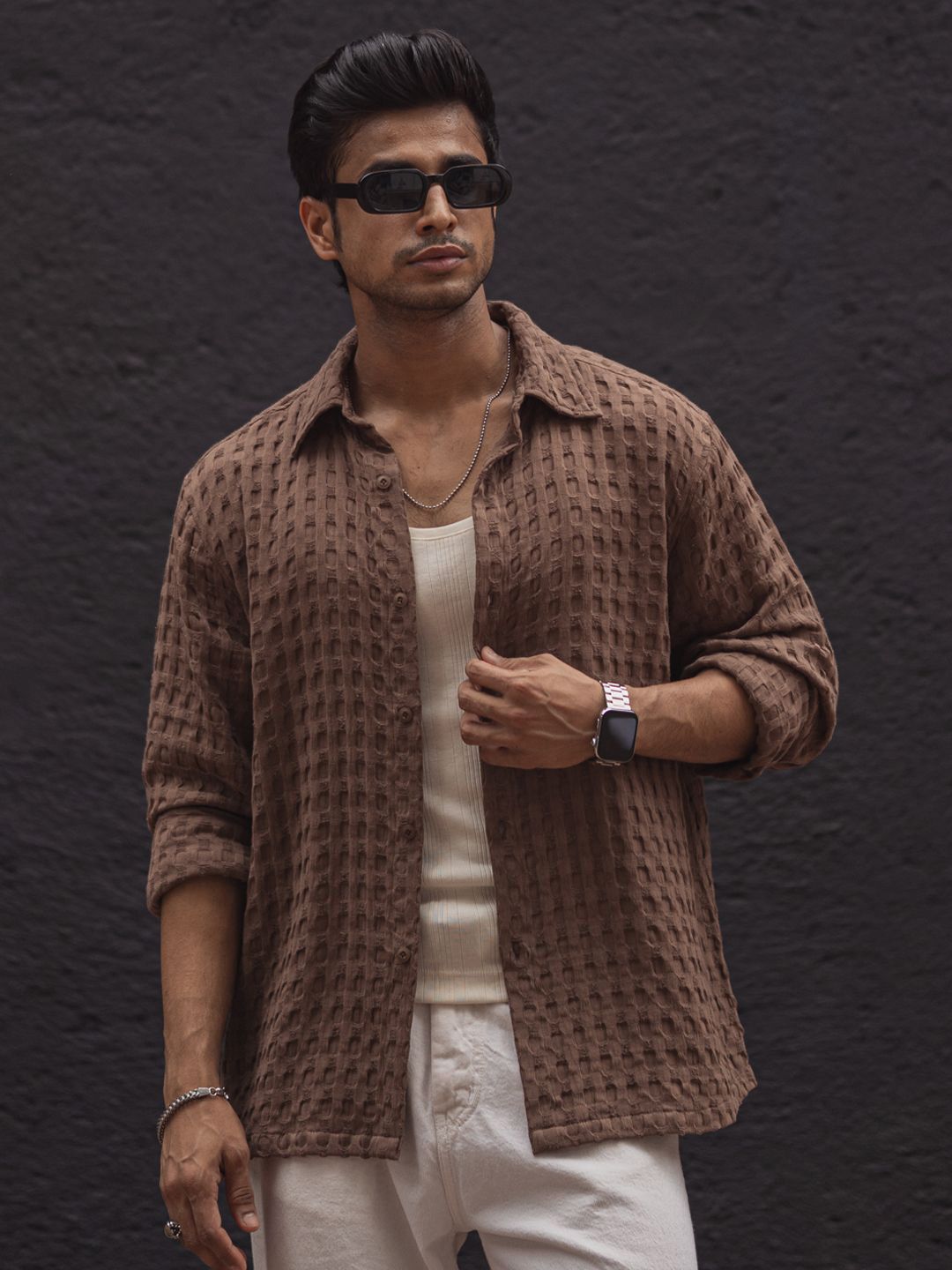 Powerlook Men Popcorn Texture Spread Collar Casual Shirt