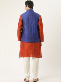 SOJANYA Men Orange Self-Design Kurta with Churidar & Nehru Jacket