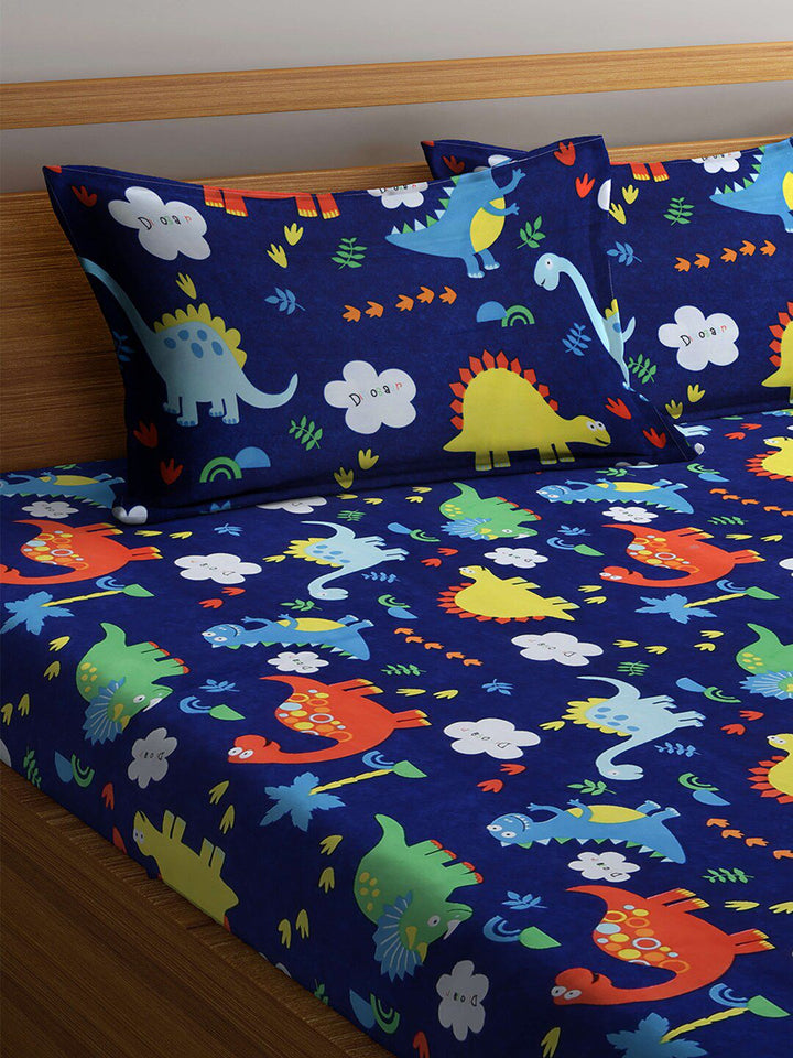 KLOTTHE Blue & Orange Cartoon Characters 300 TC Fitted King Bedsheet with 2 Pillow Covers