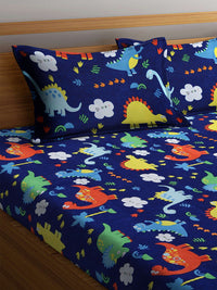 KLOTTHE Blue & Orange Cartoon Characters 300 TC Fitted King Bedsheet with 2 Pillow Covers