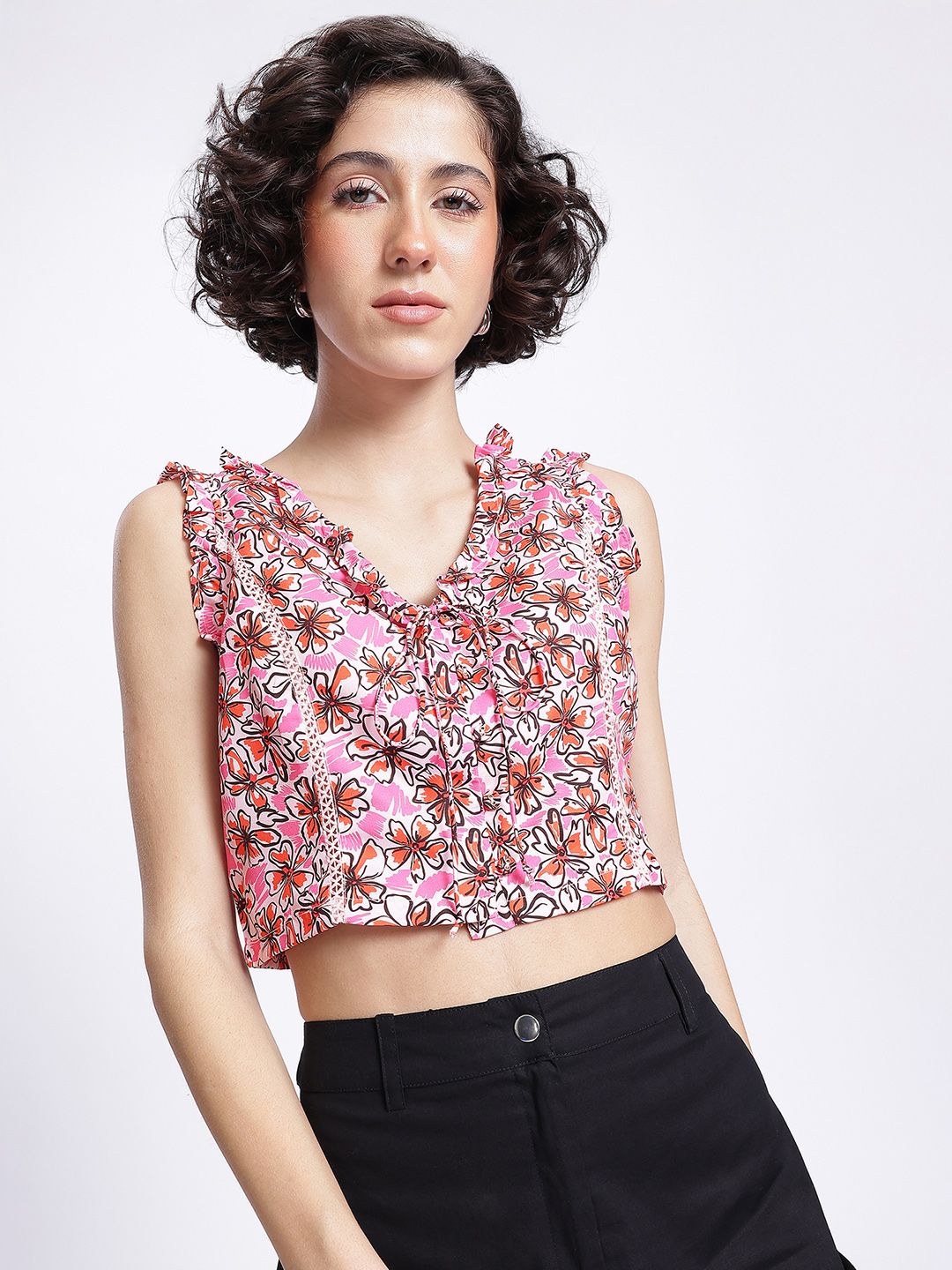 DressBerry Floral Blooms Ruffled Button Front Crop Top