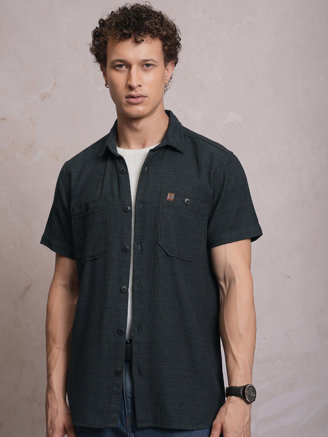 Locomotive Men Black Dobby Textured Checked Utility Pocket Regular Shirt