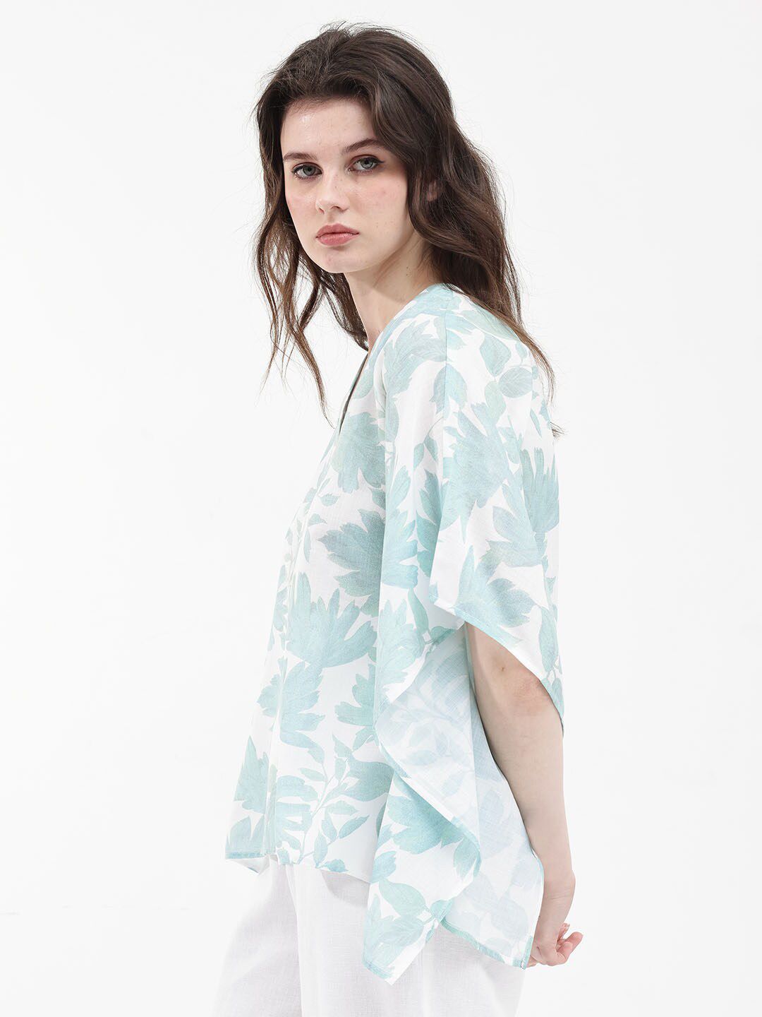 RAREISM Floral Print Flared Sleeve Linen Kaftan Top