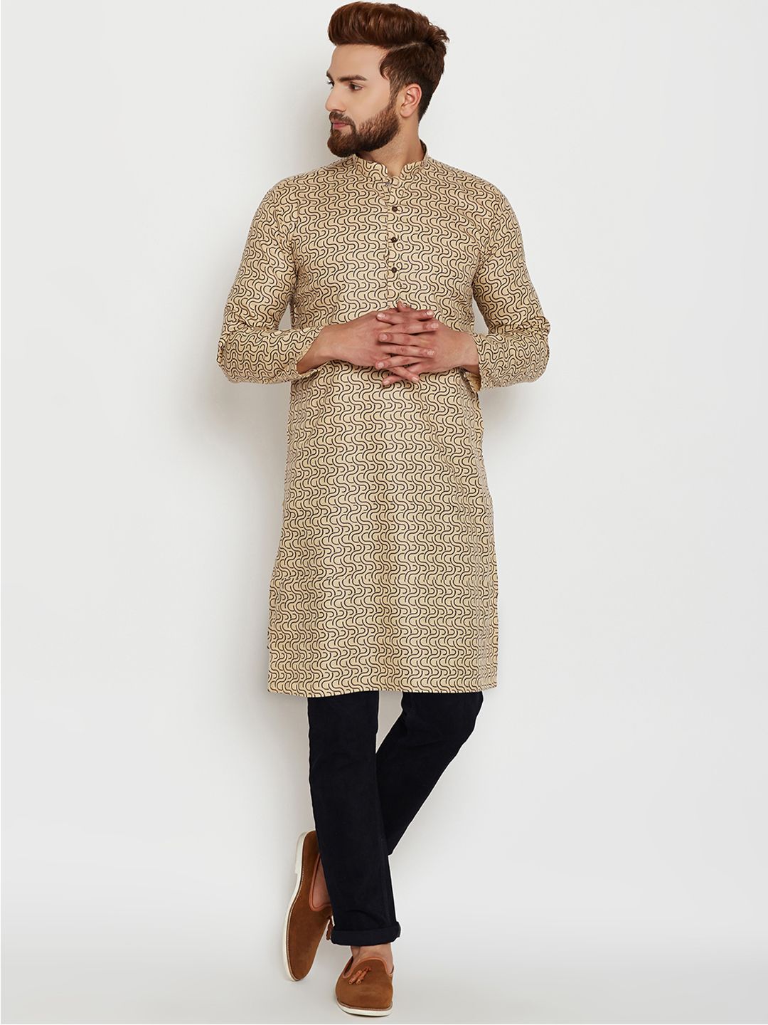 SOJANYA Men Beige & Brown Printed Straight Kurta