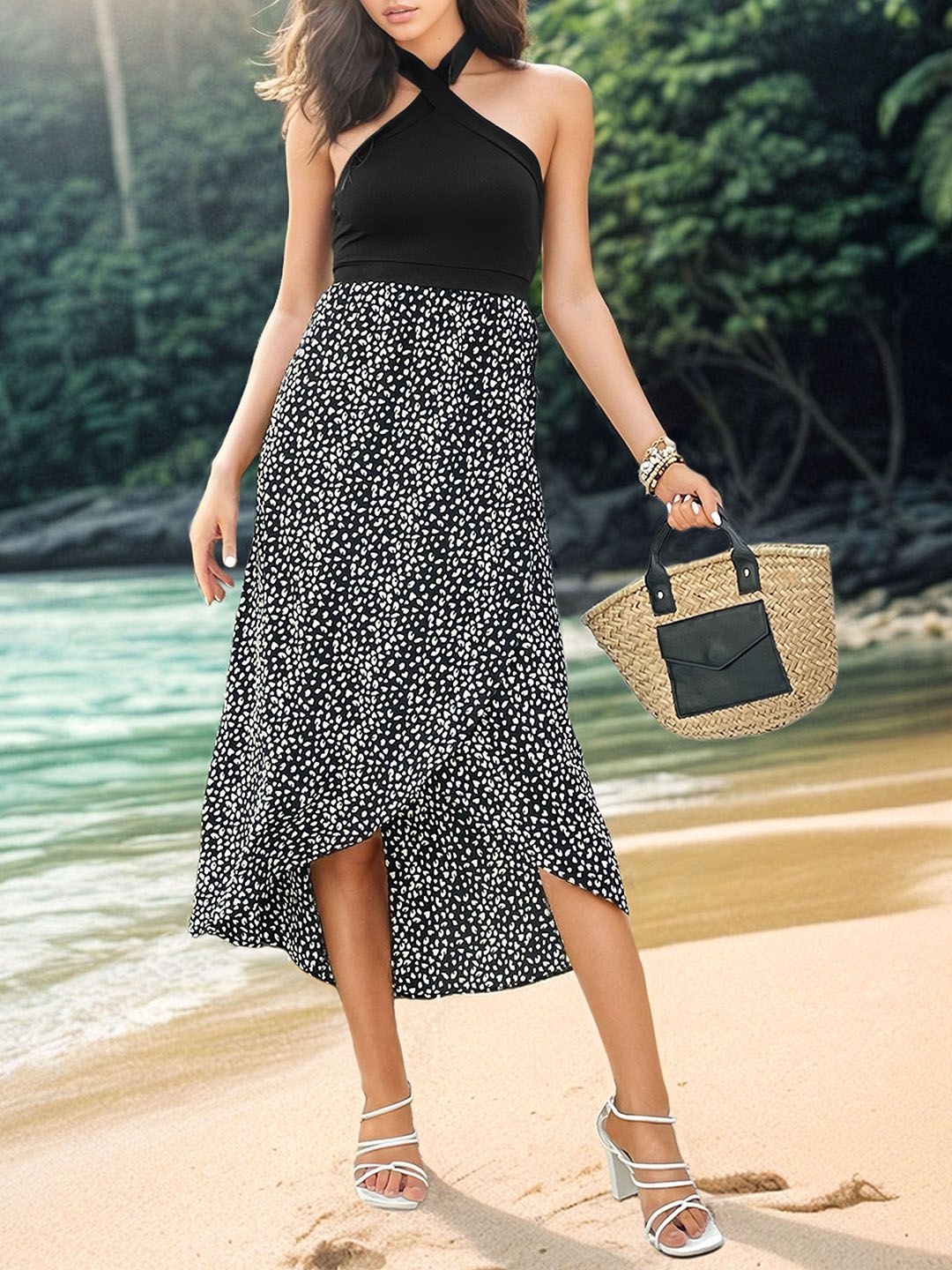 DressBerry Animal Print Halter Neck Fit & Flare Midi Dress