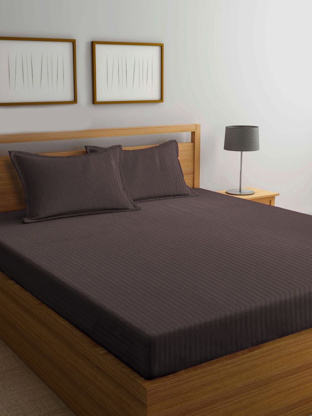 Myntra Elegant Homes Bercetak Berjalur Coklat Set Cadar King 300 TC- 2.50 m x 2.20 m