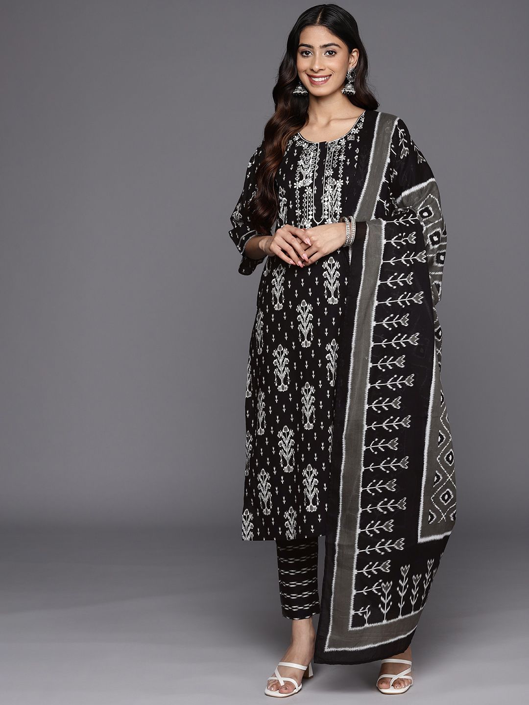 Libas Floral Printed Regular Mirror Work Pure Cotton Kurta With Trousers & Dupatta
