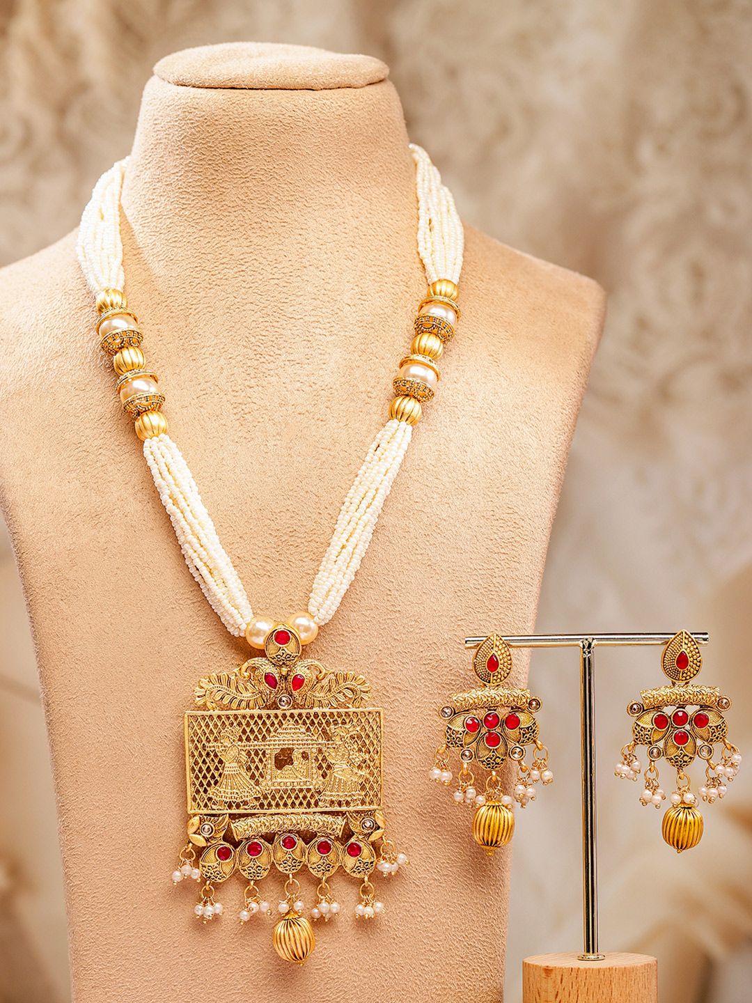 Rubans 22K Gold-Plated Ruby & White Pearl Beaded Multistrand Temple Motif Jewellery Set