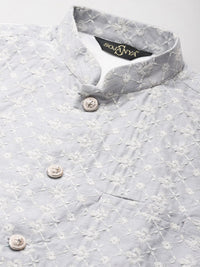 SOJANYA Men Pink & White Embroidered Thread Work Kurta with Churidar & Nehru Jacket
