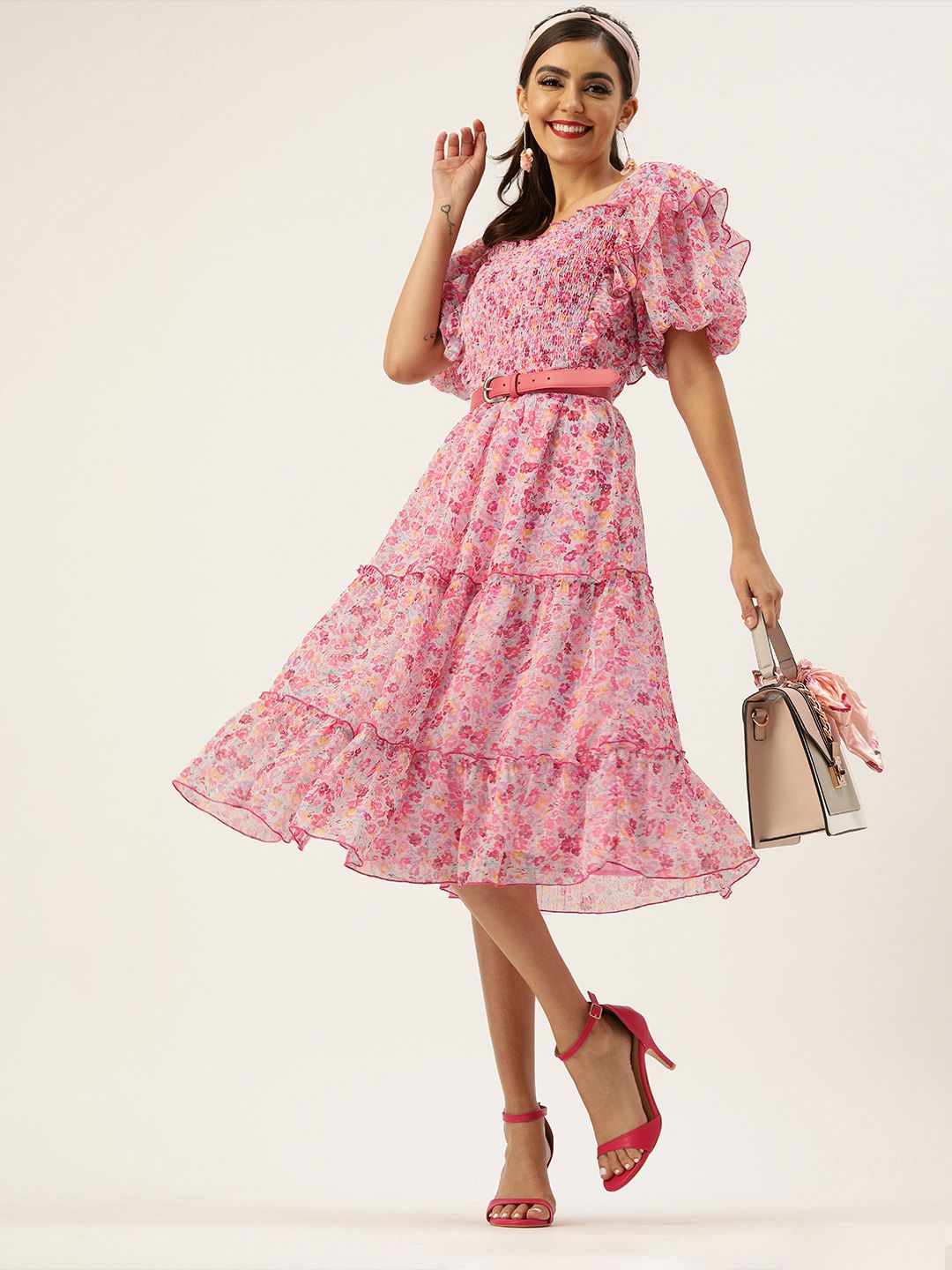 Antheaa Pink Floral Printed Fit and Flare Dress